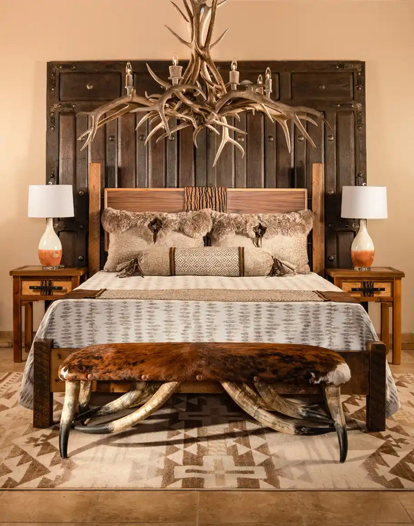 The Tribal Design Rug adding warmth to a cozy bedroom setting with complementary bedding and rustic furniture.