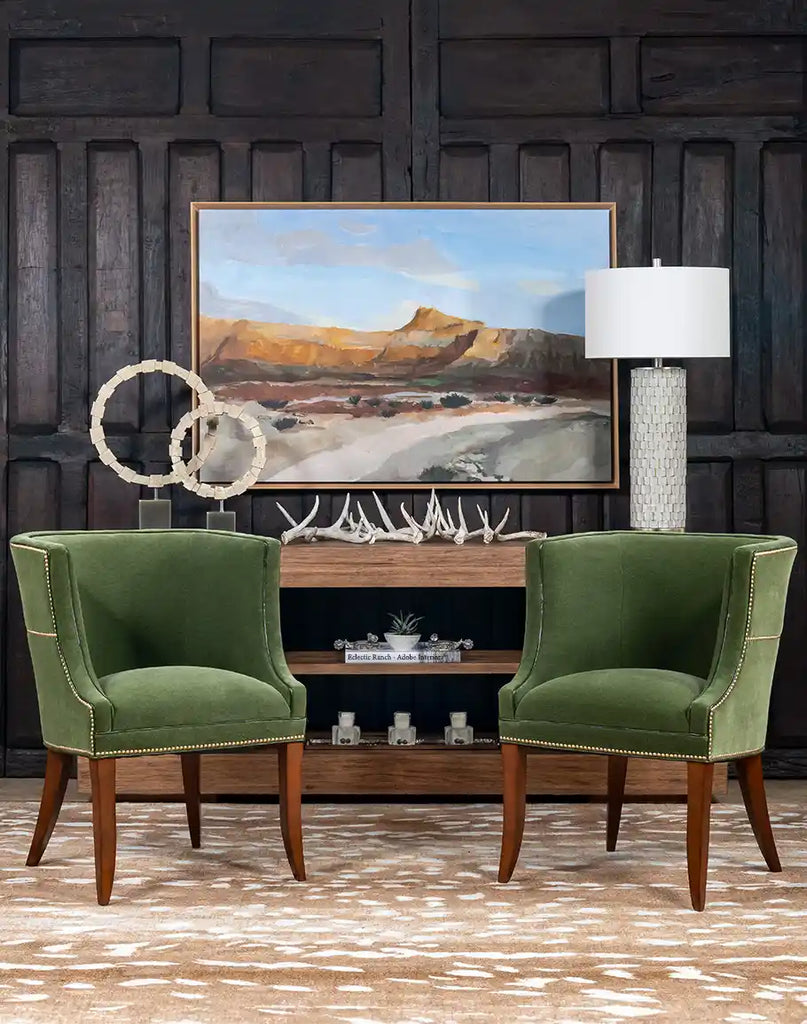 TX Moss Green Chair styled in a modern living room, adding sophistication and comfort to the space.