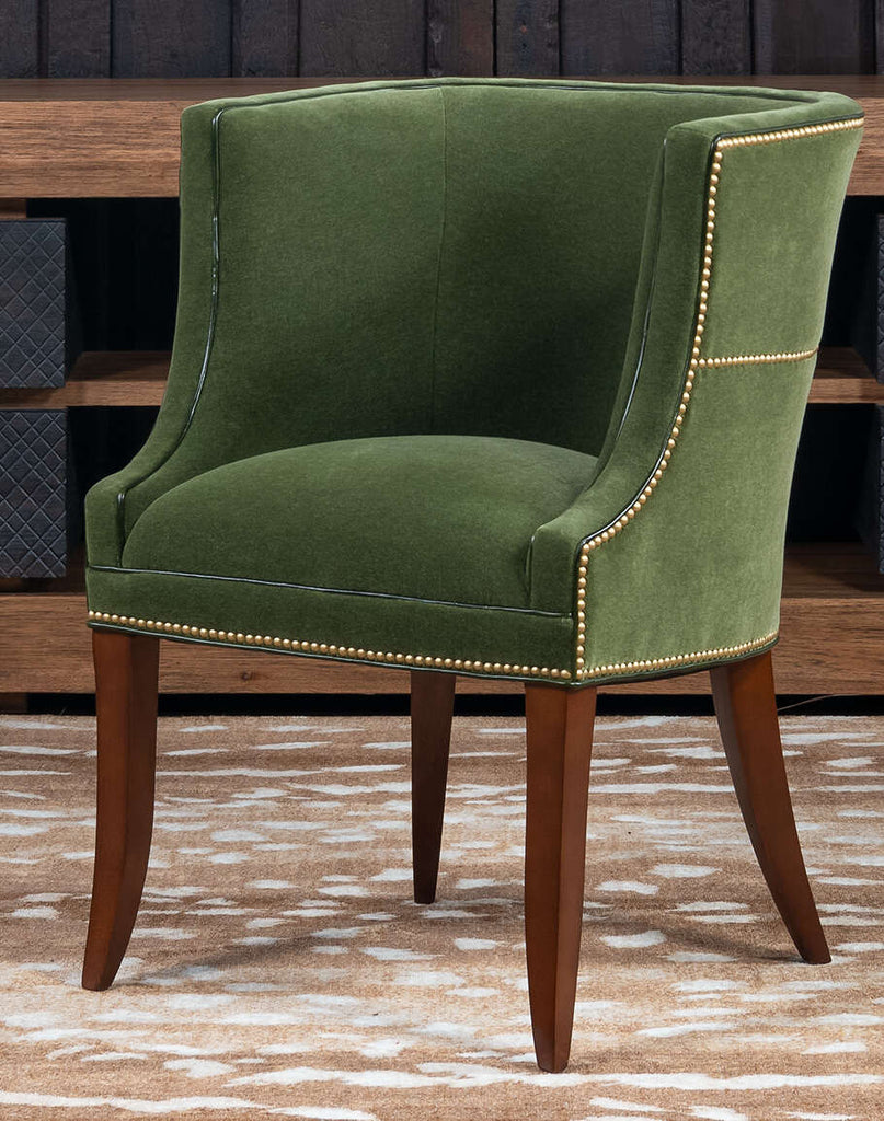 TX Moss Green Chair showcasing its elegant sage green mohair upholstery and gold nail tacks.