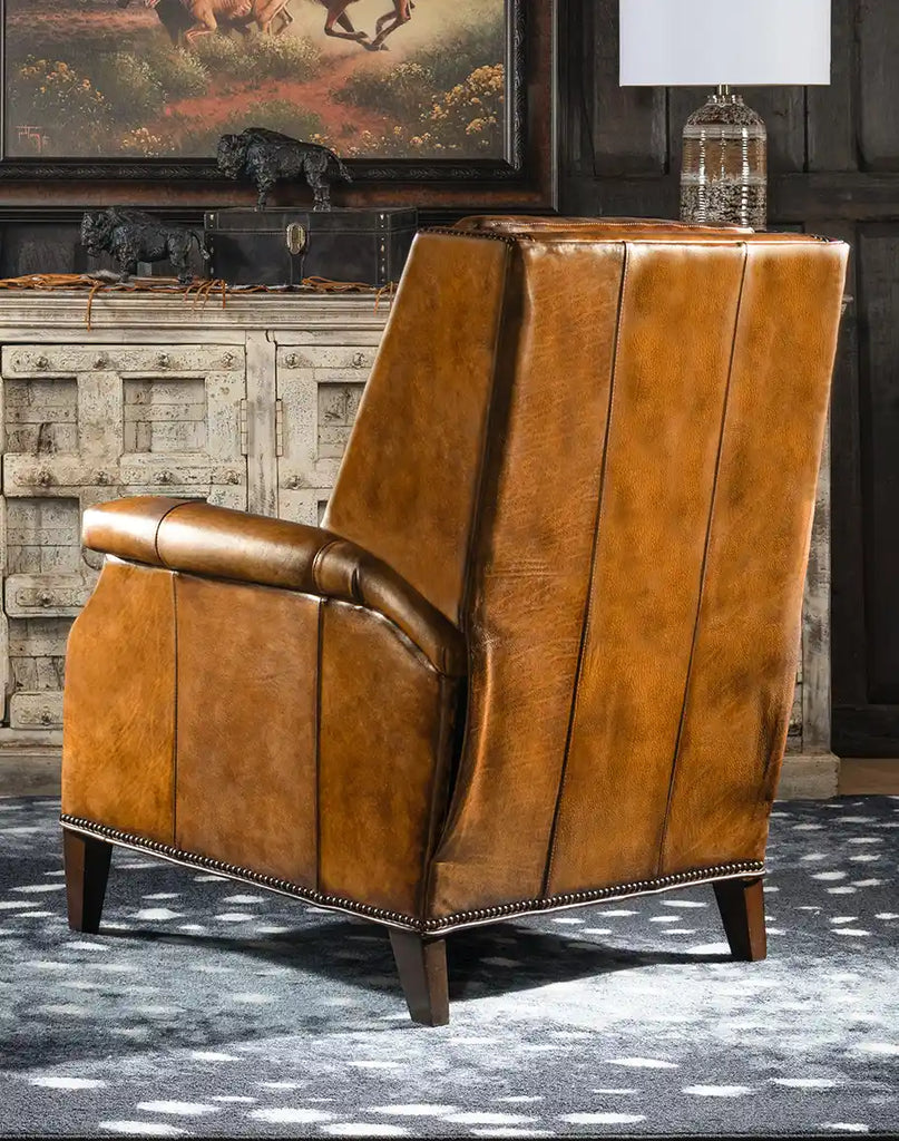 A rear view of the recliner, displaying the hand-burnished leather and meticulous craftsmanship.