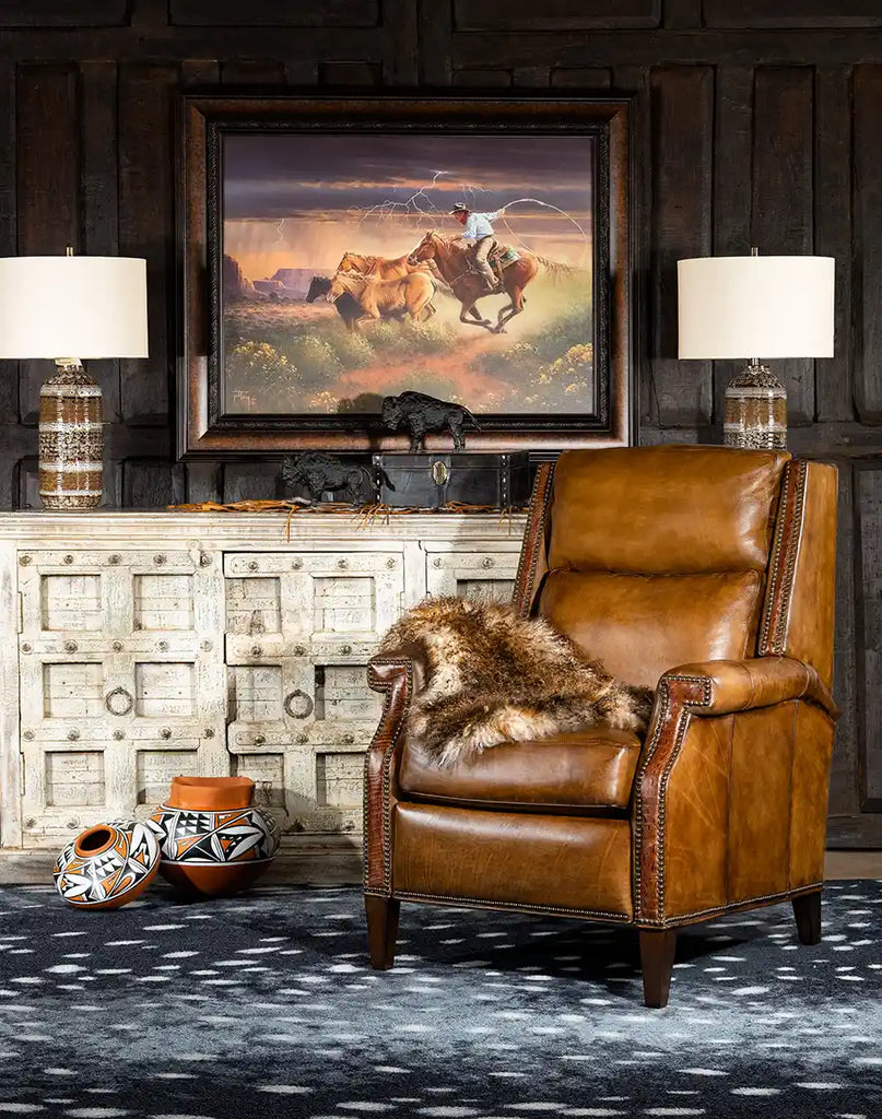 The recliner styled in a rustic-themed living space, demonstrating its elegant and timeless appeal.