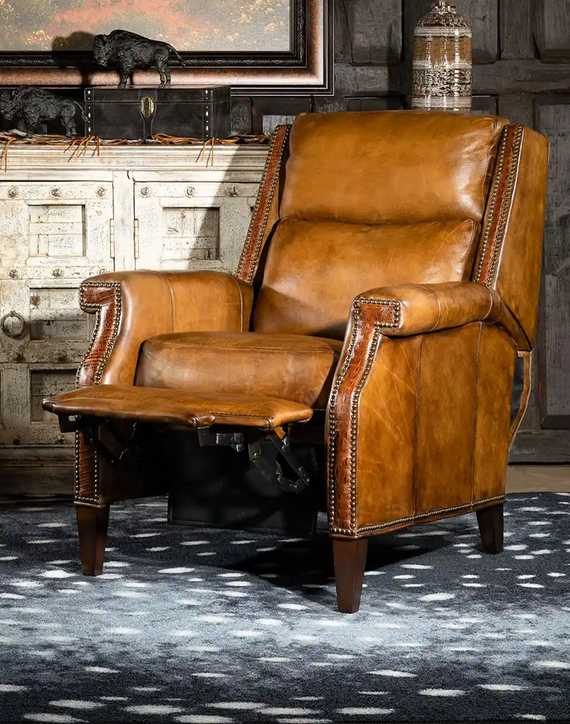 The recliner fully extended, showcasing its plush cushioning and smooth reclining function.