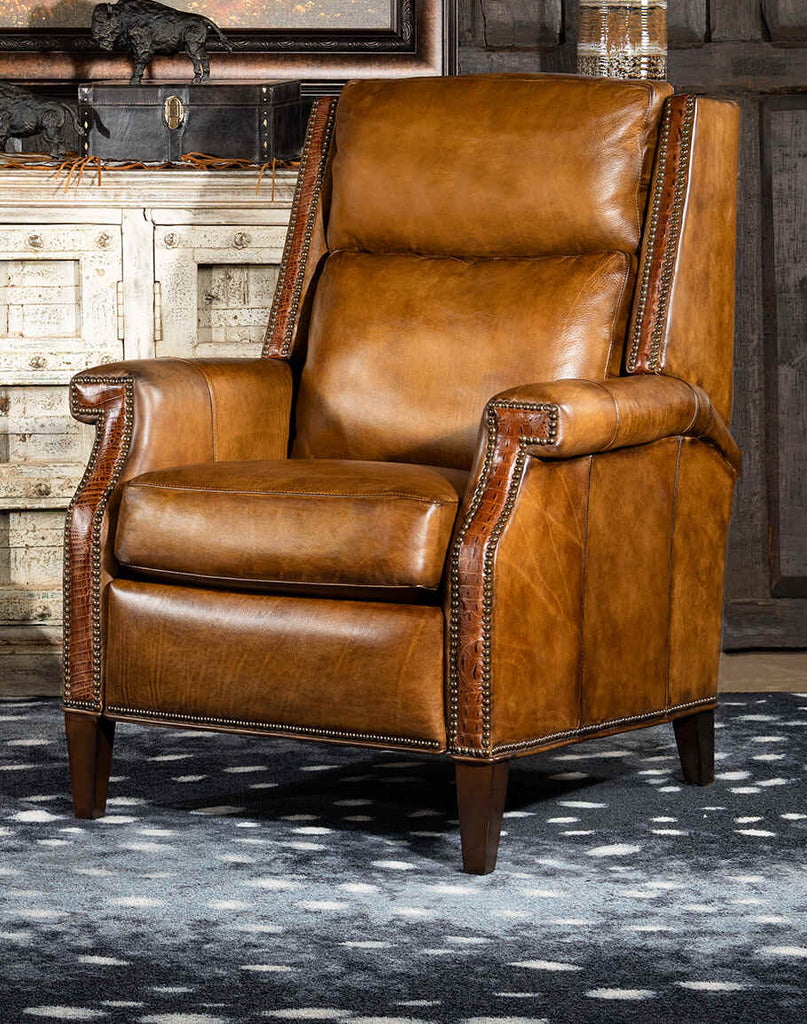 Tyler Saddle Recliner showcasing its rich artisan leather upholstery and classic bustle-back design.