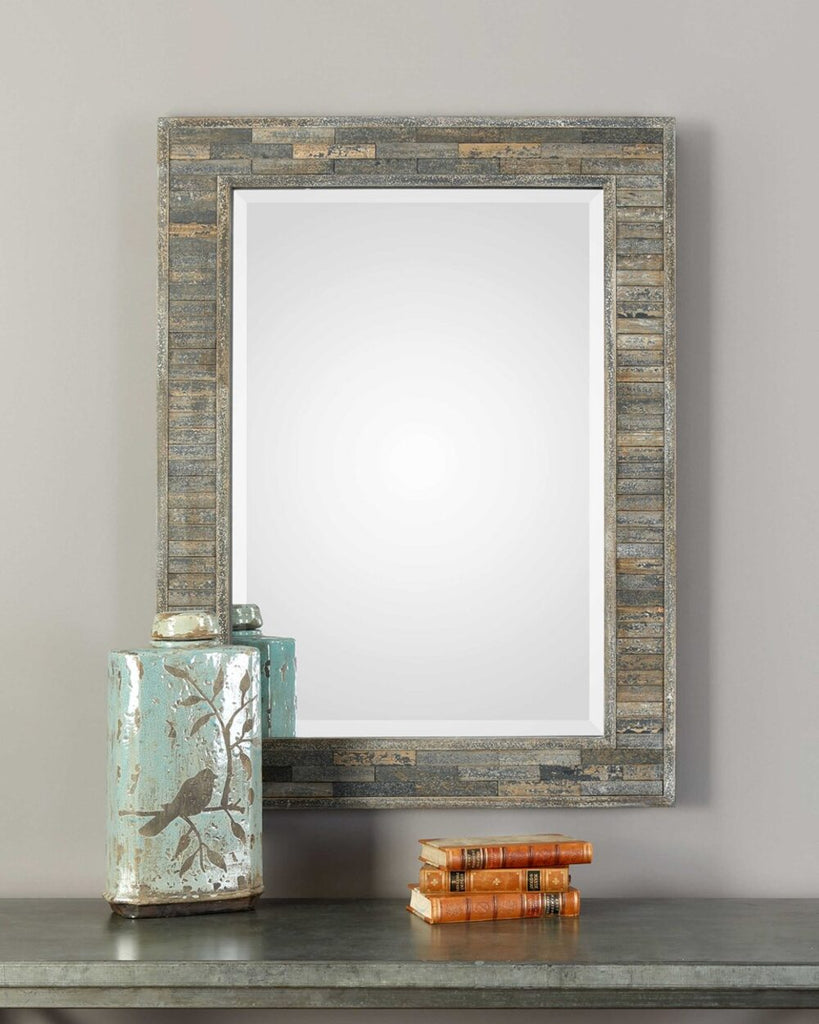 Weathered pine mirror with a rustic frame, distressed dark slate highlights, and versatile hanging options.