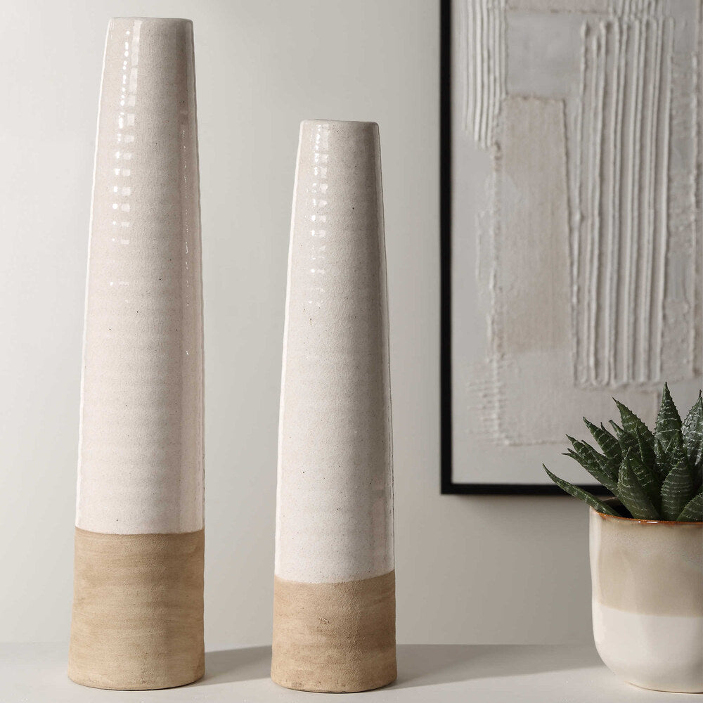 Vivory White Ceramic vases in small and large sizes, featuring a textured base and serene crackled white ceramic finish.