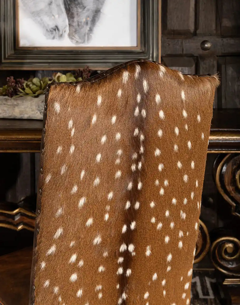 Back view of the Westwood Axis Hide Dining Chair highlighting the authentic Axis Deer Hide on the outback, adding rustic elegance.