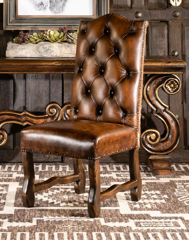 Side view of the Westwood Axis Hide Dining Chair displaying its classic silhouette and handcrafted Knotty Alder hardwood frame.