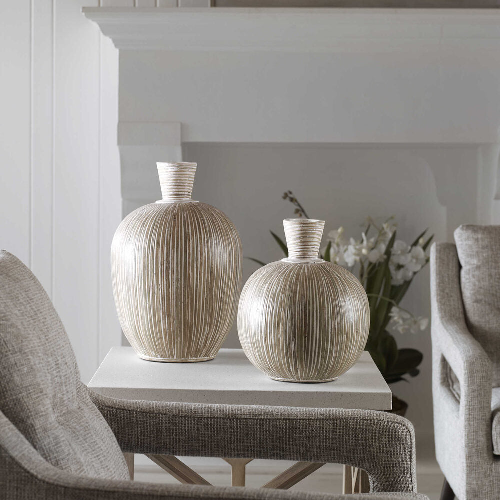 Elegant White Isla Terra Cotta vases with bamboo stripe motif and distressed white washed look.