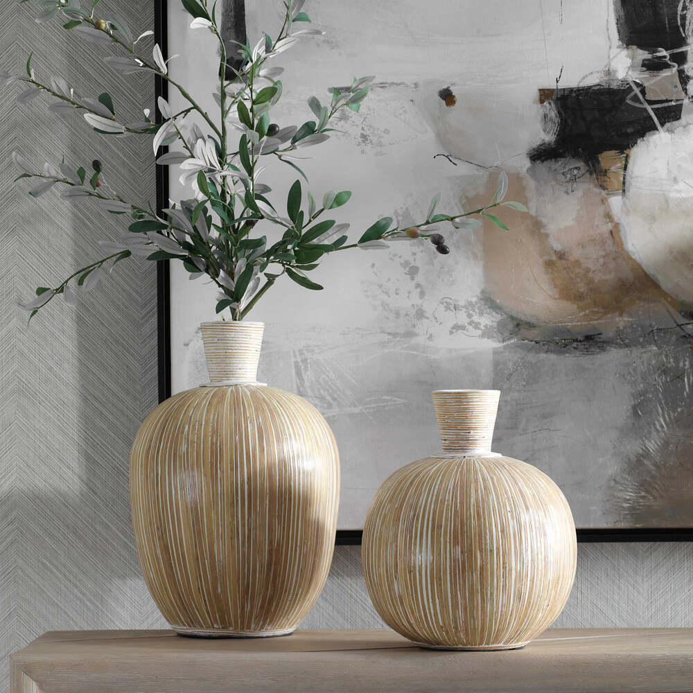 Set of 2 White Isla Terra Cotta vases with hand-applied bamboo stripes and a white washed finish.