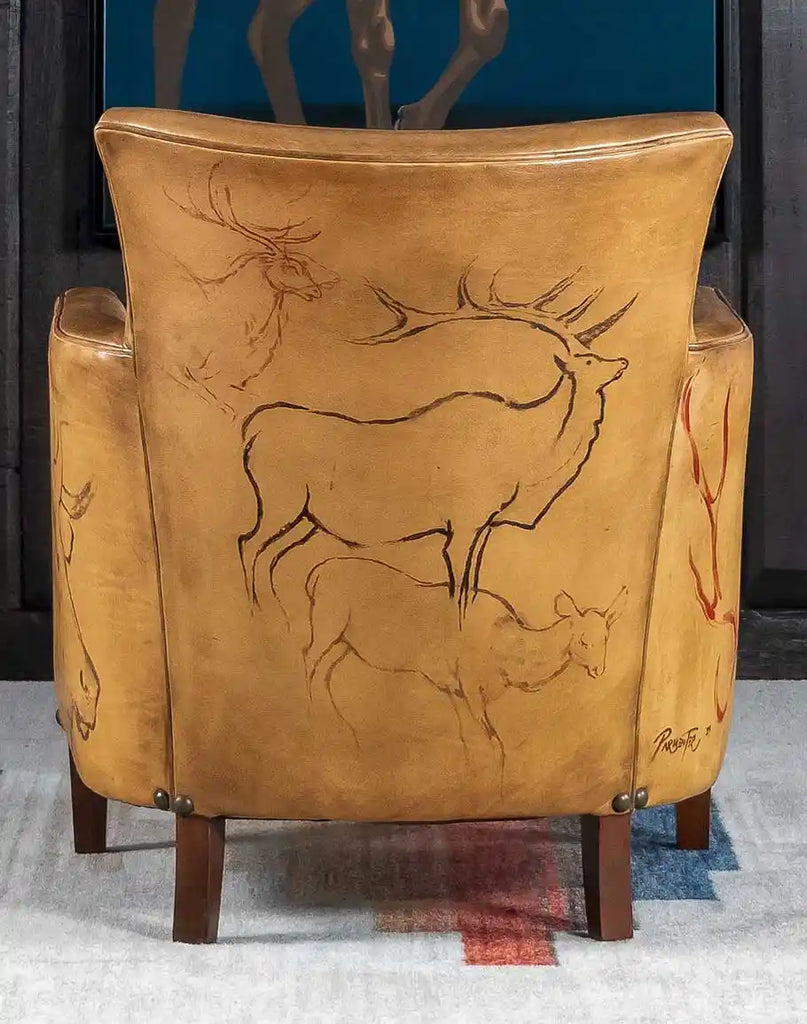 The back of the Wild Elk Leather Chair, displaying its hand-painted leather panel with intricate elk designs.