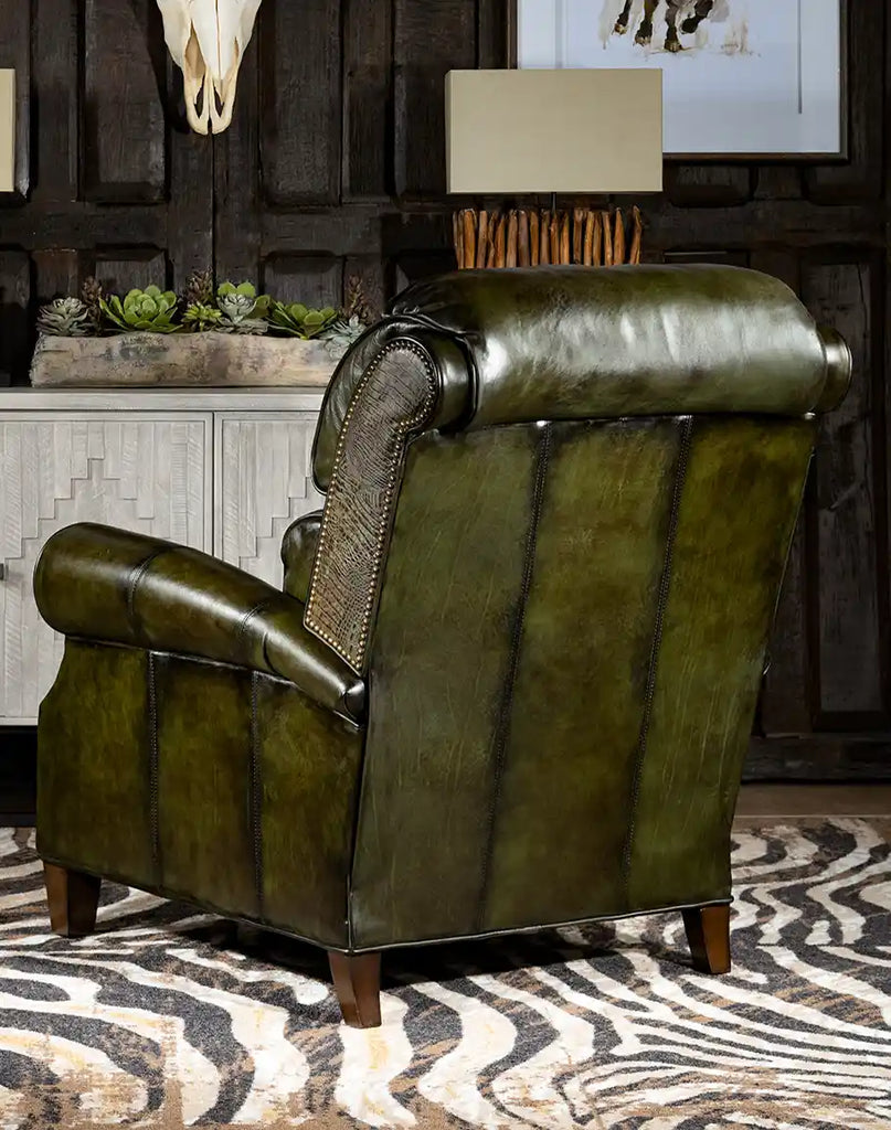 A back view of the Wild Moss Leather Recliner, highlighting its sleek leather finish and timeless design.