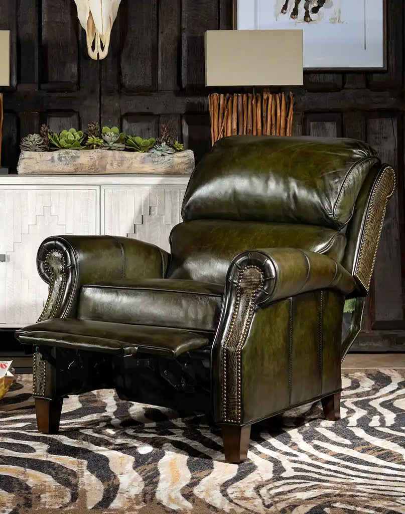 The Wild Moss Leather Recliner in a fully reclined position, displaying its versatility and ergonomic comfort features.