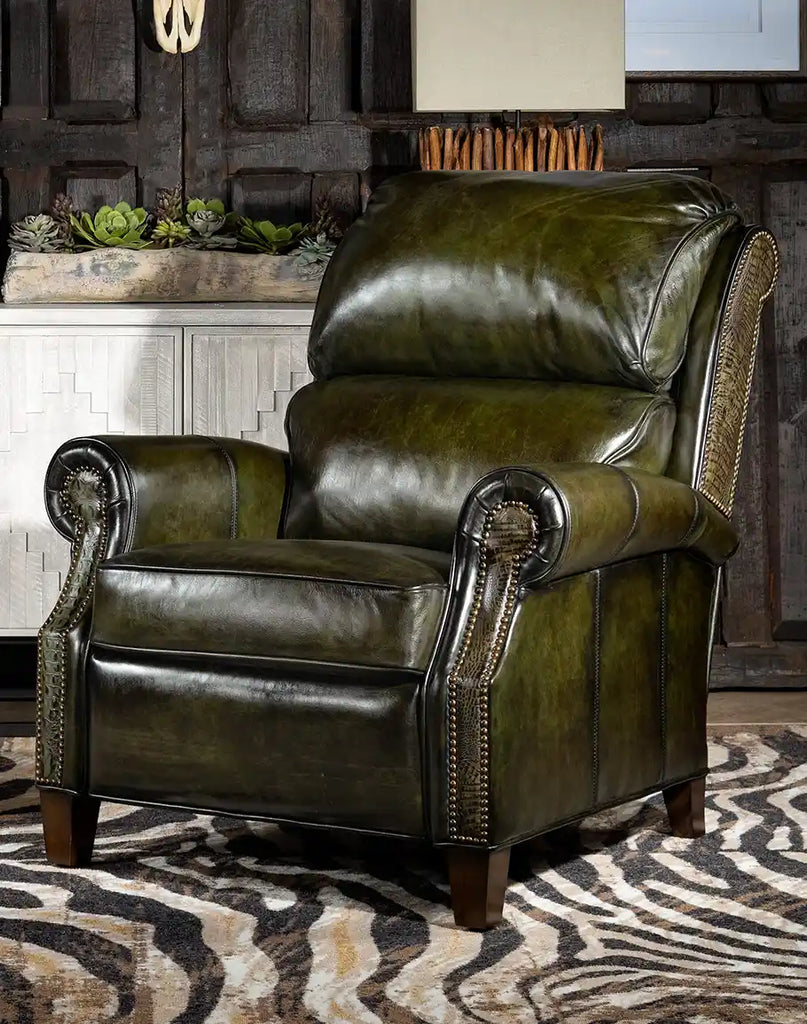 Wild Moss Leather Recliner showcasing its olive-green leather and elegant, curved design.