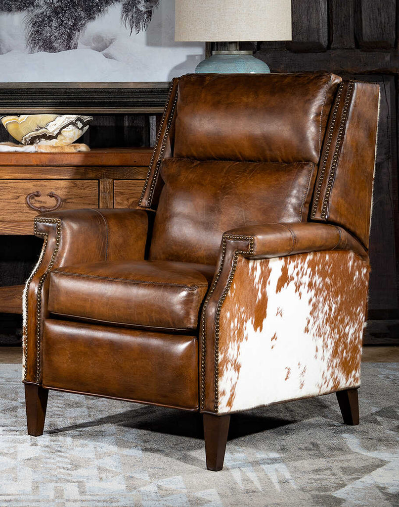 Front view of the Wrangler Leather Recliner showcasing its hand-burnished leather and modern Western design.