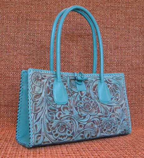 Turquoise Tooled 2024 Faux Leather Large Makeup Bag