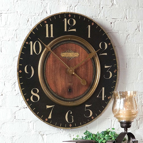 Timeless Alexandre Martinot 23-inch wall clock displayed in a rustic room, adding an antique focal point to the décor with its vintage charm.