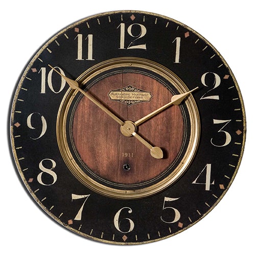 Classic Timeless Alexandre Martinot 23-inch wall clock with an antique-inspired face, Roman numerals, and a distressed black frame.